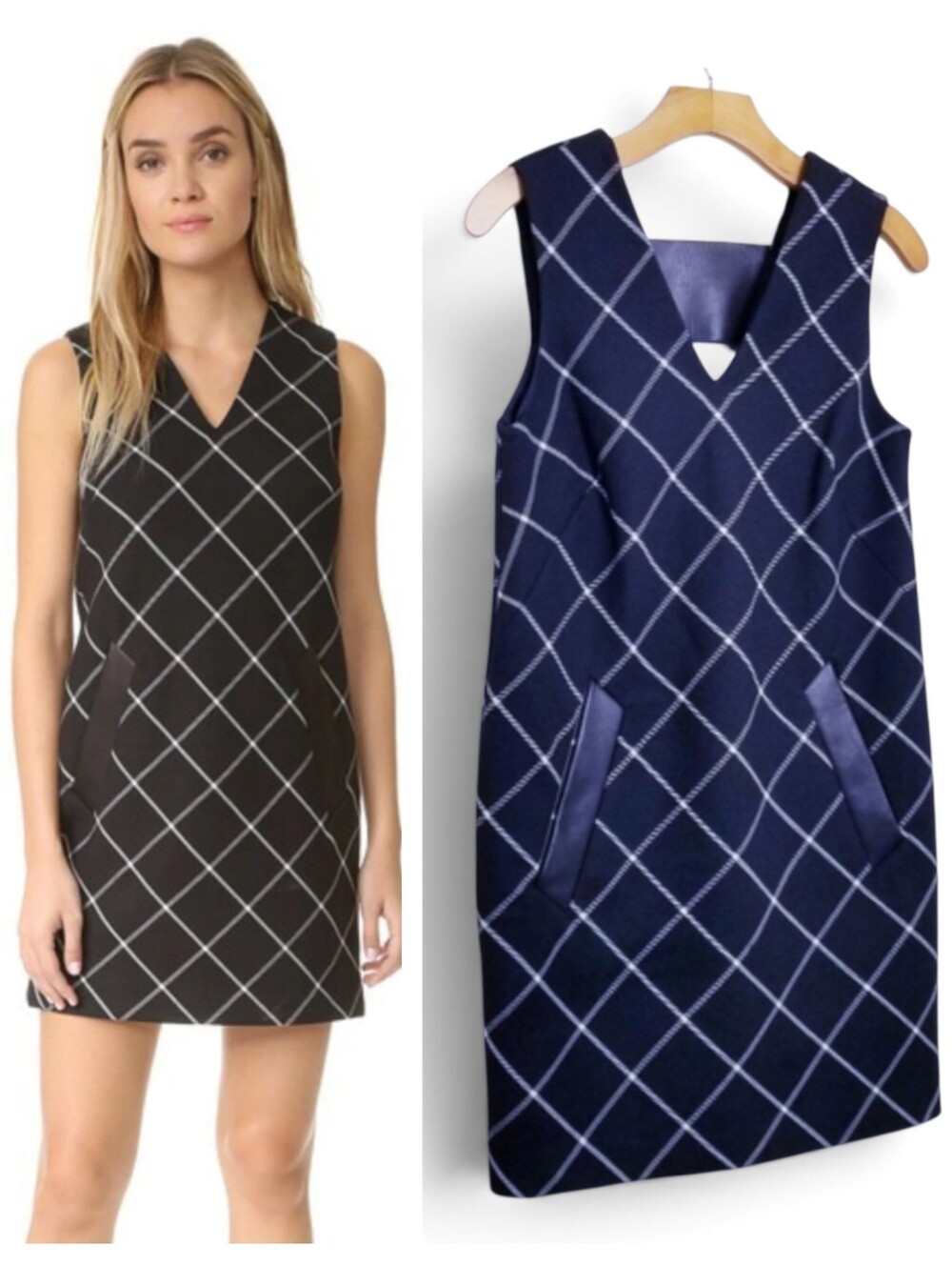 Rag & Bone Dress 0 Phoebe Shift Wool Leather Trim Windowpane Check Black & White